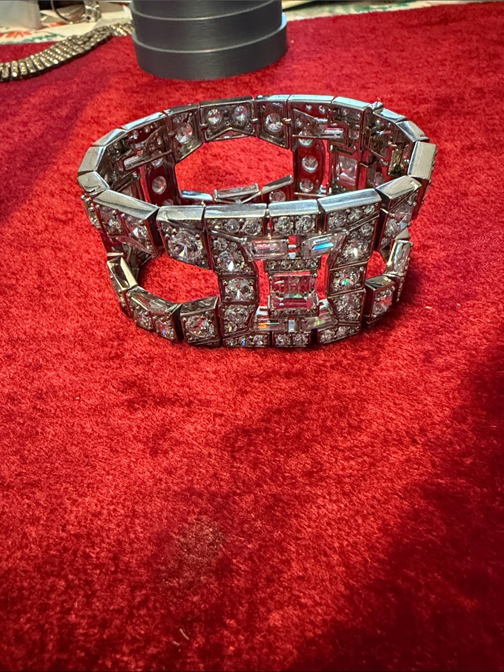 Vintage glass tested Embellished Silver Statement Bracelet 1.5” wide high end